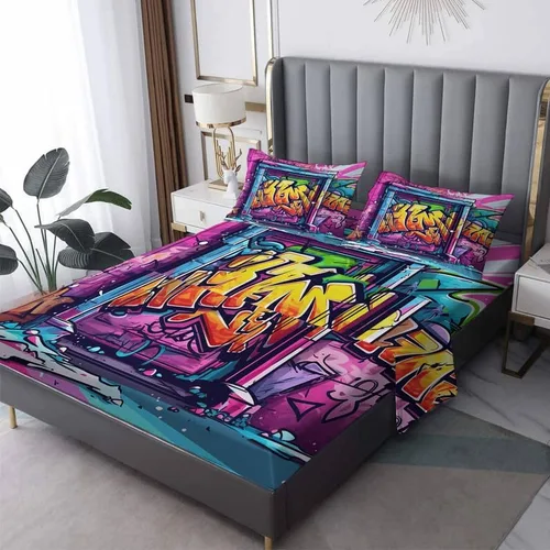 Vista 11 de Graffiti Sheets - Juego de sábanas tamaño individual, sábanas de microfibra suave, bolsillo profundo, sábanas y fundas de almohada estampadas sin