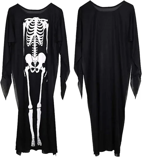 Vista 3 de Timemory Disfraz de esqueleto de Halloween capa de fantasma abrigo de esqueleto con máscara y guantes conjunto de accesorios de disfraz de Halloween