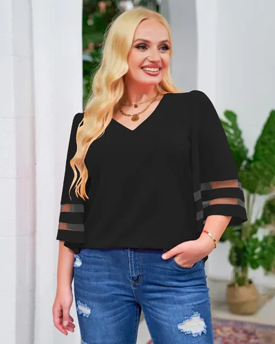 Vista 7 de LookbookStore - Blusa para mujer con paneles de malla, cuello en V, mangas acampanadas 34 y corte holgado