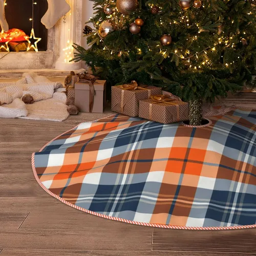 Vista 7 de Falda de árbol de Navidad de 30 pulgadas, naranja y azul, patrón deportivo a cuadros, falda de árbol de Navidad para fiestas de vacaciones