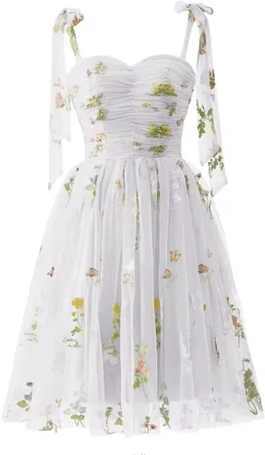 Vista 8 de Fivsole Vestido corto con bordado de flores para adolescentes, vestido de tul con tirantes delgados, mini formal, cóctel, fiesta de noche, vestidos