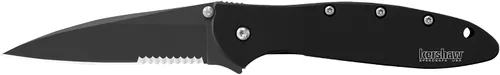Vista 3 de Kershaw Cuchillo de bolsillo dentado negro; hoja de acero 14C28N parcialmente dentada de 3 pulgadas, mango de acero inoxidable 410 y cuchillo