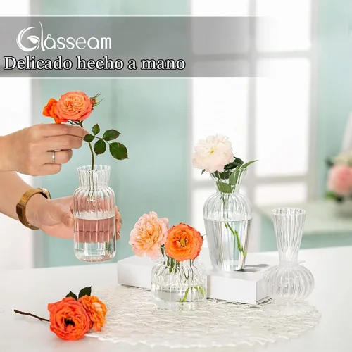 Vista 5 de Juego de jarrones de botones de vidrio transparente moderno: Glasseam 4 piezas de jarrones pequeños de flores para centros de mesa hechos a mano