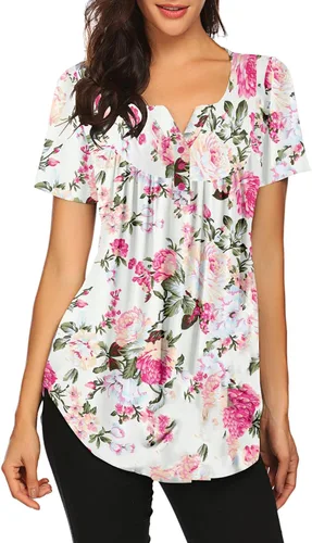 Vista 4 de Blusón plisado de manga corta con estampado floral y cuello Henley en V para mujer, con vuelo.
