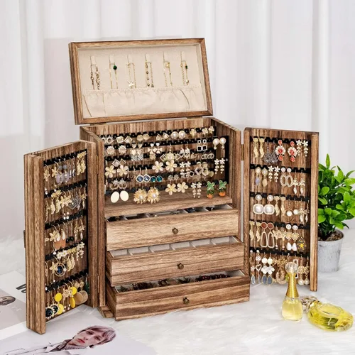 Vista 6 de Caja organizadora de aretes cajas de joyería grandes para mujer gran almacenamiento de joyería exhibidor para collar aretes anillos pulsera caja