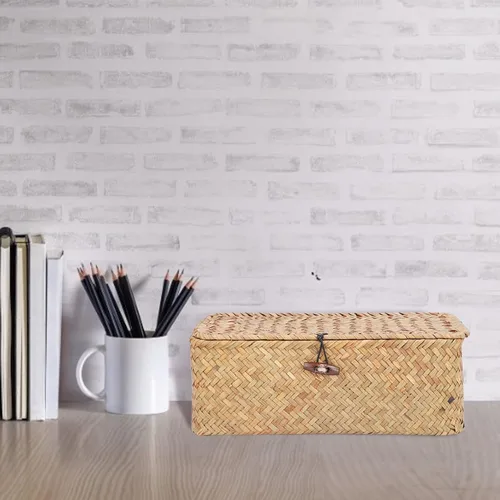 Vista 3 de Cesta de almacenamiento de hierba marina natural, cesta rectangular tejida de ratán natural con tapas, organizador de escritorio, cesta decorativa
