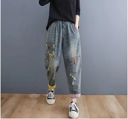 Vista 4 de LAI MENG FIVE CATS Pantalones vaqueros sueltos para mujer, pantalones harén con cintura elástica con bolsillo