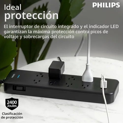 Vista 4 de Philips Protector de sobretensiones de 9 salidas con carga USB, cable de extensión trenzado de 6 pies, 1USB-A, 1USB-C, 2400J, espaciado