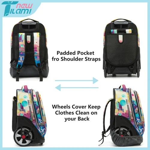 Vista 49 de NEW TILAMI Mochila con ruedas de 19 pulgadas con bolsa de almuerzo para niñas y niños, mochila para laptop con ruedas, bolsa de mano duradera