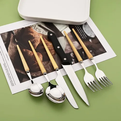 Vista 3 de Juego de cubiertos de acero inoxidable para 4 Uniturcky 24 piezas con cuchillos para carne, juego de cubiertos con mango de madera para el hogar