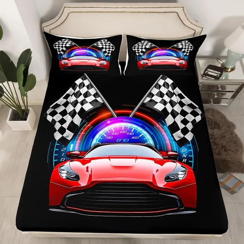 Vista 2 de Erosebridal Red Race Car - Juego de sábanas para niños y adolescentes, tamaño individual, juego de 3 piezas, sábana bajera + sábana encimera + 1