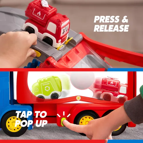 Vista 4 de Vroomix Camiones de Juguete Extra Grandes para Niños Pequeños, Camiones de Ciudad de 3 Niveles para Niños, Camión Transportador Grande 7 en 1