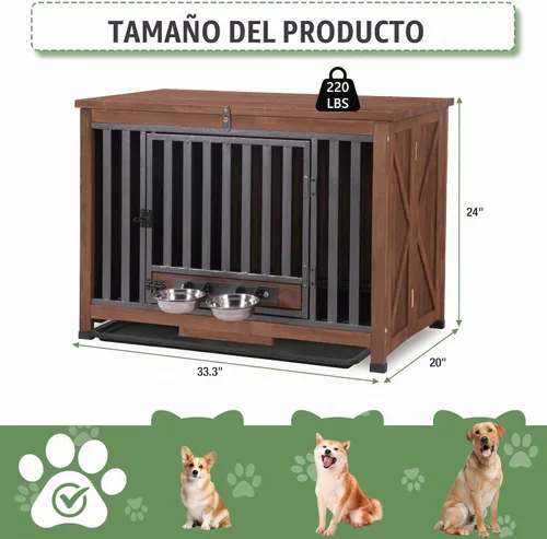 Vista 7 de Muebles de jaula para perros de 33.3 pulgadas, jaulas plegables para perros con cuencos giratorios de 360°, jaula de madera para cachorros con marco