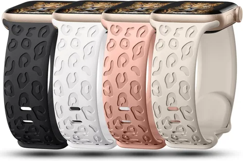 Vista 10 de CreateGreat - Paquete de 4 bandas grabadas con diseño de leopardo compatibles con Apple Watch para mujeres de 38mm 40mm 41mm 42mm 44mm 45mm 46mm
