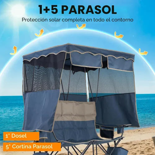 Vista 4 de Silla de camping doble acolchada con dosel, soporte de silla plegable 450 Azul