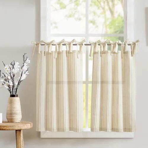 Vista 11 de Jinchan - Cortinas de lino a rayas para cocina, 24 pulgadas, beige, 2