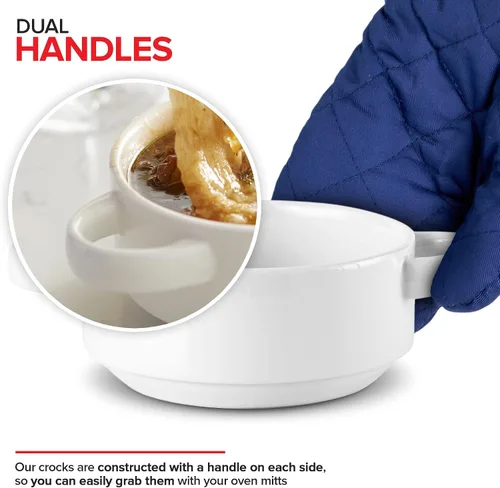 Vista 4 de Modern Innovations Cuencos de sopa de cebolla francesa de 20 onzas con asas en color blanco (juego de 4) aptos para horno y microondas, gres