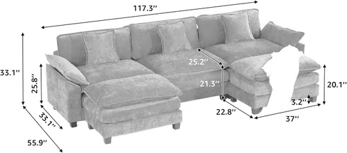Vista 175 de Sofá seccional modular verde de 111.5", sofás seccionales grandes de 3 plazas para sala de estar, sofá nube oversized de tela chenille con otomana