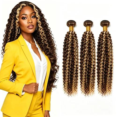 Vista 54 de P4613 Cabello humano rizado onda profunda marrón y paquetes mixtos 8 10 12 P4613 Ombre Marrón-Rubio-DP