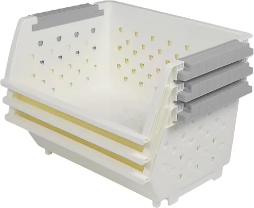 Vista 8 de Paquete de 3 cestas de almacenamiento apilables de plástico, cesta organizadora apilable blanca Stackable Storage Design, Breathable Perforated