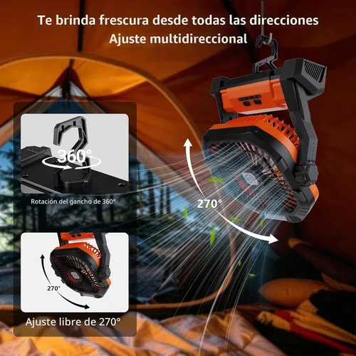 Vista 4 de Ventilador de camping recargable, ventilador portátil de 20000 mAh con linterna LED, 4 velocidades, USB C, funciona con pilas para camping, viajes