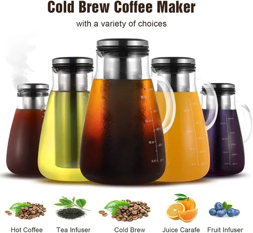 Vista 2 de YMMIND Cafetera fría de 34 onzas, cafetera preparada con filtro extraíble de doble malla de acero inoxidable 304, recipiente de vidrio sin BPA