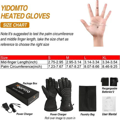 Vista 5 de Yidomto Heated Gloves for Men Women - 7.4V 23.68 WH Battery Rechargeable Heating Ski Gloves, Electric Gloves for Winter Outdoor Work Skiing Hiking