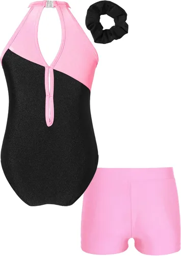 Vista 2 de Kids Girls Ballet Dance Outfits Shiny Sleeveless Gymnastic Leotard with Athletic Shorts Hair Band Tracksuit