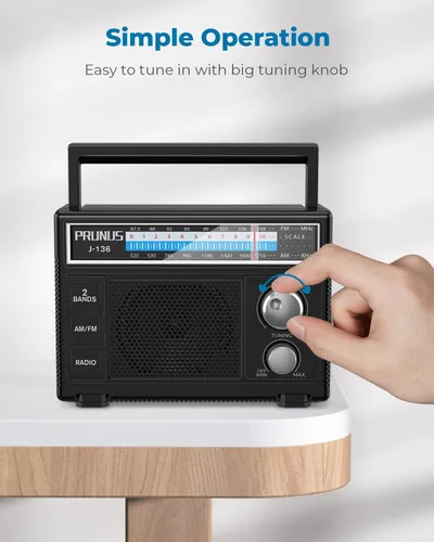 Vista 5 de PRUNUS J-136 Radio AM FM portátil con la mejor recepción, funciona con pilas D o enchufe en la pared, radio transistor, soporte de altavoz AUX
