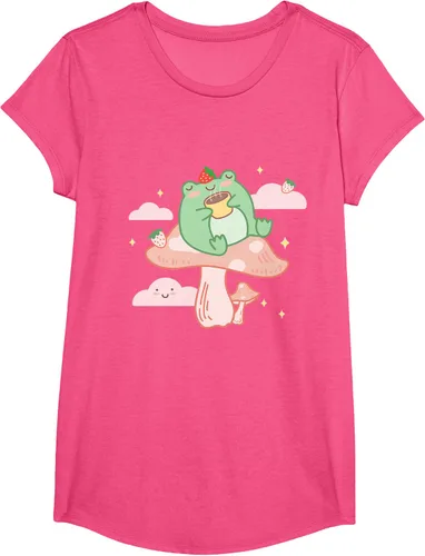 Vista 17 de Kawaii Strawberry Frog On Mushroom - Camiseta de manga corta de anime, Azul / Patchwork, S Azul Pastel