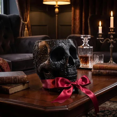 Vista 6 de Soporte para brochas de maquillaje de calavera, soporte para bolígrafos, tocador, escritorio, organizador de oficina, estacionario, maceta Negro