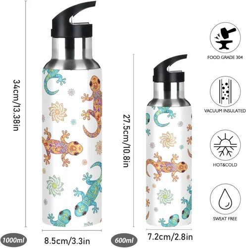 Vista 2 de Insulated Stainless Steel Water Bottle with Straw 20 Oz, BPA-Free Sports Water Bottle for Gym Outdoor Travel School, Funny Geckos Print