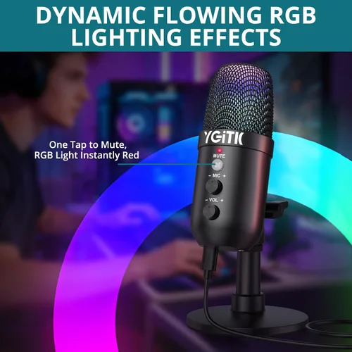 Vista 4 de Micrófono de condensador USB con soporte de luces RGB para PC, PS4, PS5 Micrófono dinámico para juegos, cancelación de ruido, control de ganancia