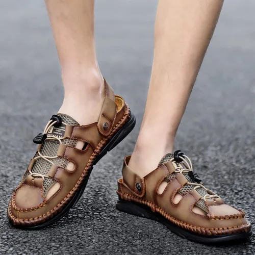 Vista 6 de MAIZUN Sandalias de cuero con puntera cerrada para hombre, correa atlética, para exteriores, ajustables, para pescador, sandalias de verano