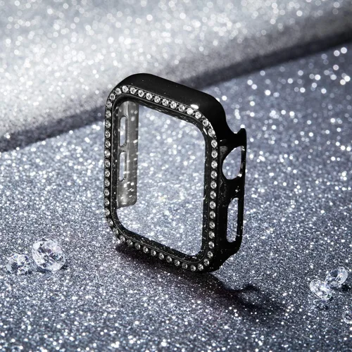 Vista 5 de Recoppa funda para Apple Watch con protector de pantalla con cristales brillantes y diamantes de imitación, ultrafina, funda con protección Negro