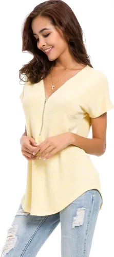 Vista 3 de LUSMAY Blusa casual de manga corta con cuello en V y cremallera para mujer