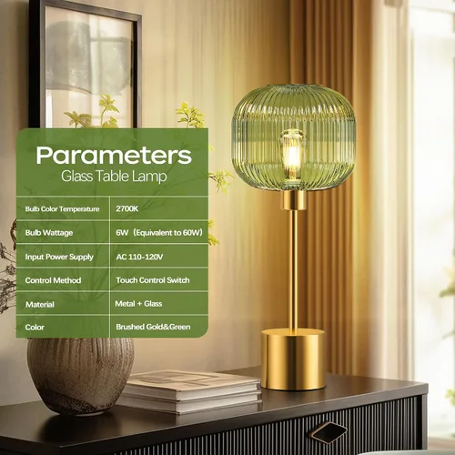 Vista 3 de QiMH - Lámpara de mesa de vidrio para sala de estar, lámpara de mesita moderna con pantalla de vidrio acanalada verde, lámpara de mesita de noche