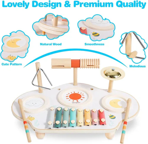 Vista 5 de Twefex Juego de batería para niños, juego de batería 9 en 1 para niños pequeños, instrumentos musicales Montessori, juguete para bebés, juguetes