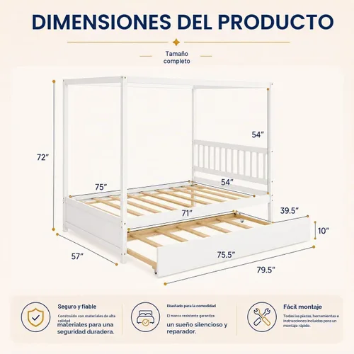 Vista 2 de NAFORT Cama con dosel de tamaño matrimonial con nido, marco de madera maciza para niños y adolescentes, soporte resistente de 600 libras, cama
