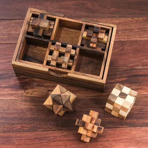 Vista 3 de NOVICA Juego de rompecabezas de madera Raintree hecho a mano marrón, 'Puzzles' (juego de seis)