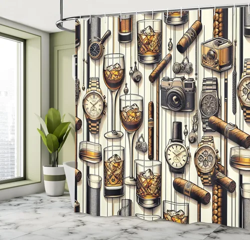 Vista 2 de Ambesonne Cortina de ducha con diseño de cueva de hombre, diseño masculino con relojes de whisky helado, cámara de fotos retro, juego de decoración