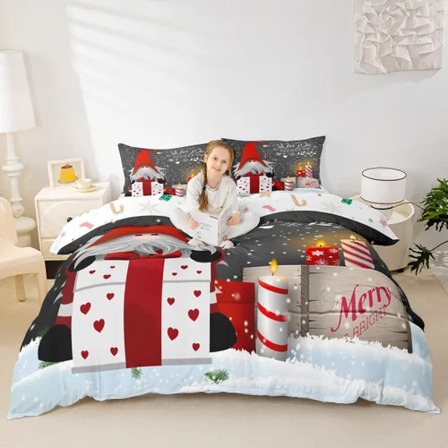 Vista 2 de Erosebridal Juego de ropa de cama de Navidad escandinavos gnomos de Papá Noel, funda de edredón de Papá Noel nevando para niños y niñas, funda