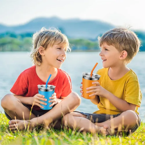 Vista 9 de Tazas para niños con tapas y pajitas, 5 paquetes mejorados de 350 ml de acero inoxidable irrompibles con funda colorida, tazas a prueba de derrames