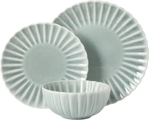 Vista 8 de Gibson Elite Peach Orchard - Juego de vajilla de porcelana de hueso de 12 piezas para 4, platos y cuencos estriados en relieve, apto
