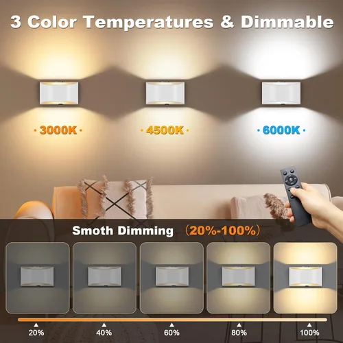 Vista 3 de Juego de 2 apliques de pared que funcionan con batería, luces de pared inalámbricas recargables blancas con control remoto inalámbrico y control
