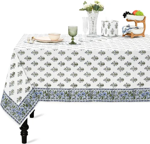 Vista 31 de Ridhi Mantel rectangular con estampado de bloque de mano verde espárragos Espárragos Verde Gadd