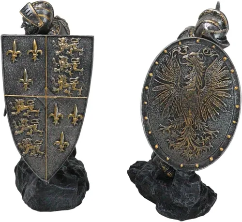Vista 3 de Ebros Dueling - Juego de estatua de caballeros cruzados medievales con escudo gigante de armas de 8.25 pulgadas de alto, juego de armadura