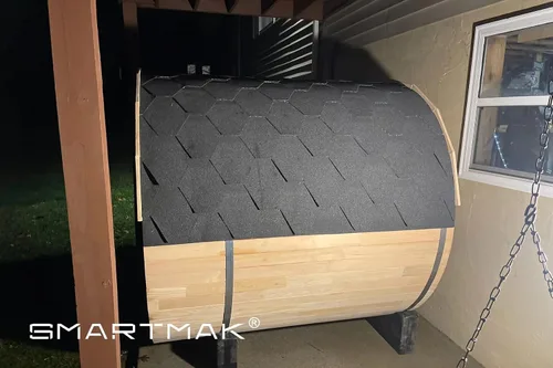Vista 4 de Smartmak Sitio de sauna de barril de madera al aire libre, 4 personas Canadian Hemlock Garden Saunas de madera tradicionales con techo de asfalto