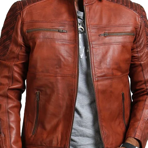 Vista 7 de Chamarras de cuero marrón para hombre - Cafe Racer Slim Fit cuero Biker Jacket Hombre