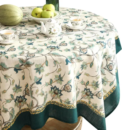 Vista 64 de [Usado] patdrea Mantel largo de lino de diseño verde para mesa rectangular, mantel vintage transpirable con patrón de frutas amarillas, funda